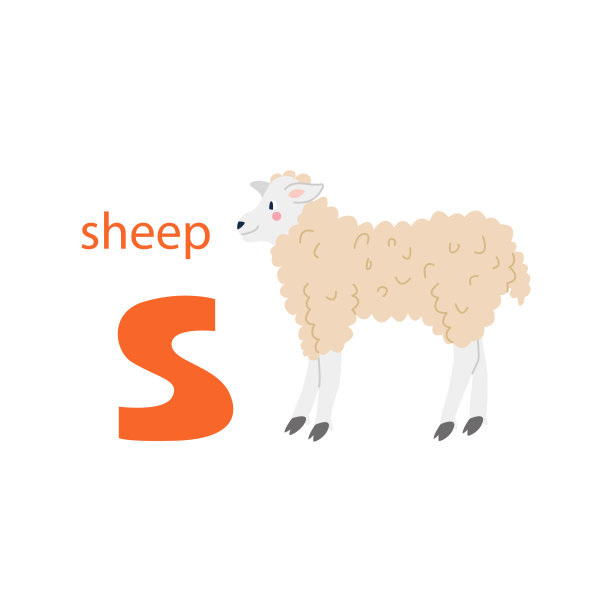 可爱的羊的名片。字母与动物。五彩缤纷的设计，教孩子们字母表，学习英语。矢量插图在一个平坦的卡通风格的白色背景图片下载