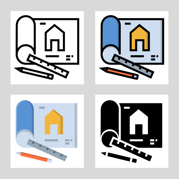 屋平面图标矢量设计以填充、细线、轮廓和平面的风格。图片下载