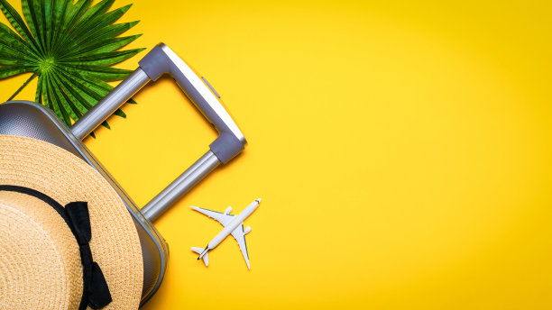 海的背景。旅行配件与手提箱，白色飞机，棕榈叶在最小的旅行度假概念上的黄色背景。暑假与产品广告概念。图片下载