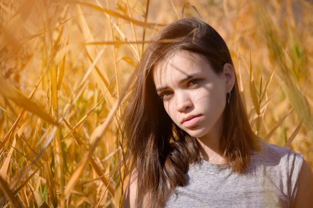 一幅迷人的年轻女子的肖像，穿着一件神秘的t恤，站在黄色的芦苇丛中，看着相机图片下载