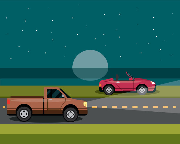 卡通风格的汽车在晚上停放和行驶图片下载