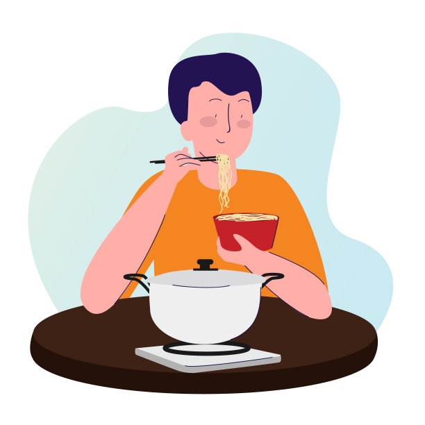 男人吃面条用筷子在桌子上卡通平风格图片下载