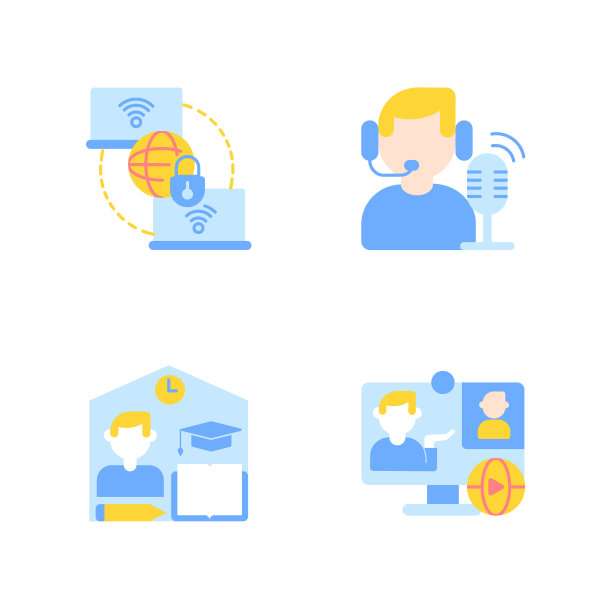 网络课程在线教育矢量平面彩色图标设置图片下载