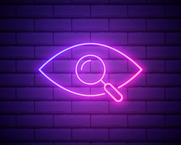 霓虹灯。调查图标。带有眼睛符号的放大镜。发光的图形设计。砖墙。向量图片下载