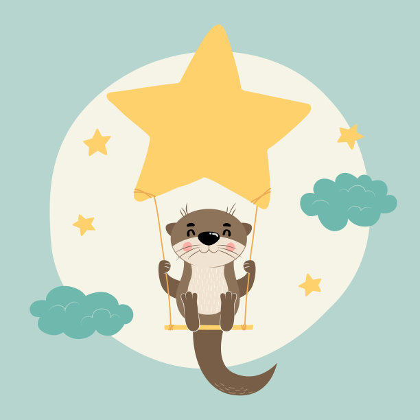 可爱的水獭与星荡秋千。卡通矢量插图。可用于t恤印花、童装时装设计、宝宝派对请帖、幼儿园、儿童房海报、墙面艺术图片下载