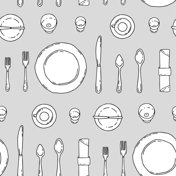 无缝图案的盘子，盘子，勺子和叉子在涂鸦风格。手绘风格的餐具。图片下载