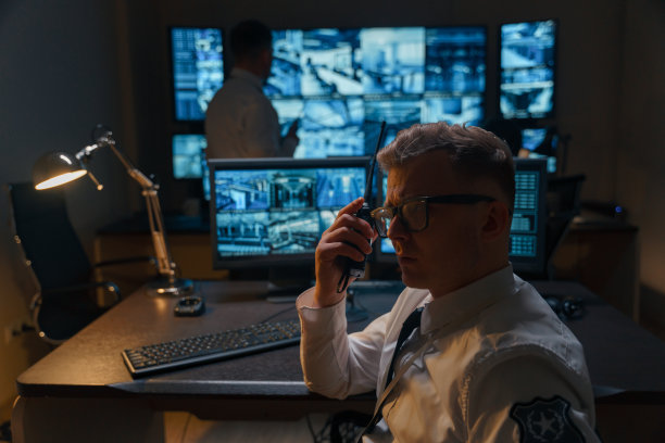 这位安全官员通过无线电频道接到了来自户外安全哨所的电话。外面的保安对讲机说没有发生事故。图片下载