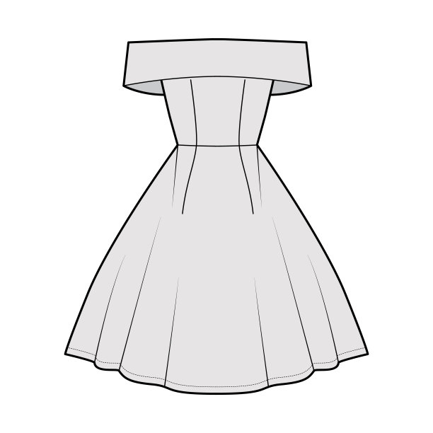 穿着露肩Bardot技术时尚插图无袖，合身的身体，及膝长圆形裙子图片下载