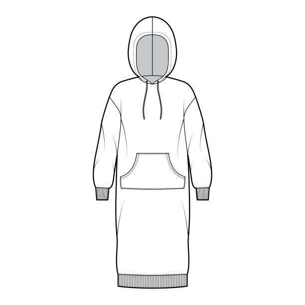 连衣裙连帽衫技术时尚插图与长袖，袋鼠袋，罗纹袖口超大的身体，及膝裙图片下载