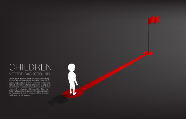 男孩的剪影站在通往球门红旗的路径上。图片下载
