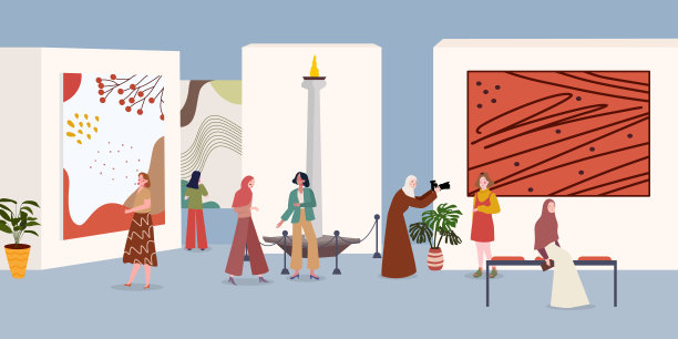 妇女活动在博物馆艺术画廊与卡通扁平风格图片下载