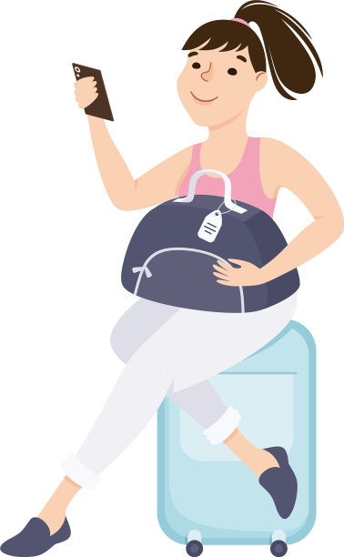 年轻的女游客坐在行李箱上等着图片下载