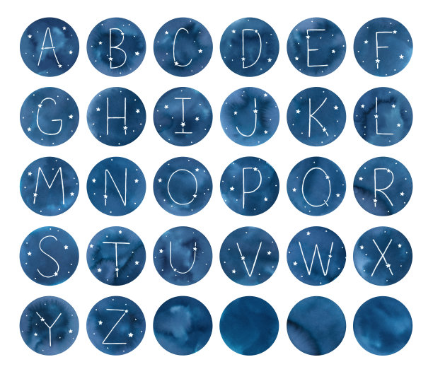 水彩插图的英文字母与星空形状和字母星座。手绘水彩图形在白色背景，孤立的元素创造性设计。图片下载