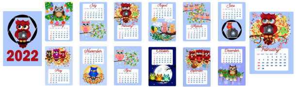 日历上每个月都有2022年可爱的猫头鹰和鸟类图片下载
