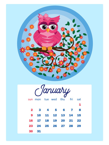日历上每个月都有2022年可爱的猫头鹰和鸟类图片下载