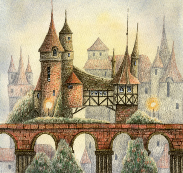 有房屋和树木的中世纪城市街道。图片下载