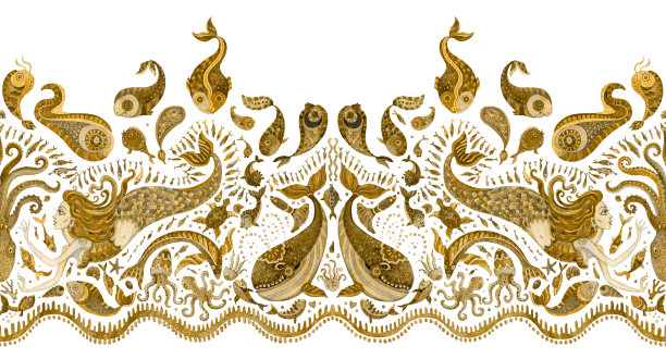 无缝边界图案手绘金色童话海动物和美人鱼。水彩幻想鱼，章鱼，珊瑚，海贝壳，泡沫上的白色背景。蜡染流苏，纺织印花图片下载