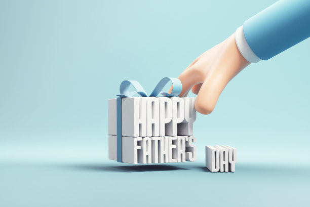 手握父亲节快乐的礼物盒包装与丝带在蓝色的背景。图片下载