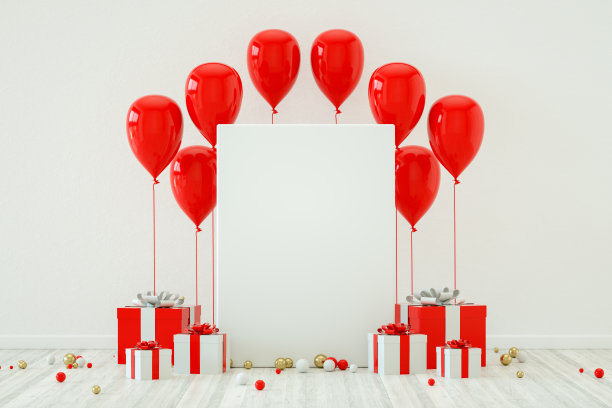 房间里的红气球，礼品盒和空框架。圣诞节，情人节，生日派对的概念。图片下载