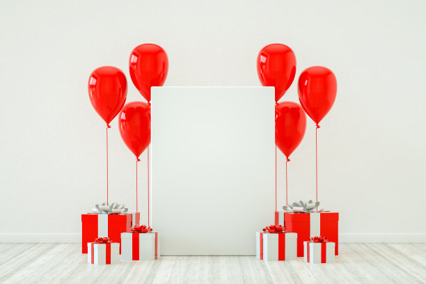 房间里的红气球，礼品盒和空框架。圣诞节，情人节，生日派对的概念。图片下载
