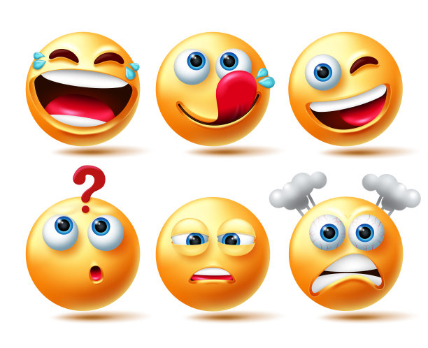 笑脸表情向量集。Emoticons 3d笑脸字符在笑，思考和美味的表情为Emoticons字符的情感收集设计。图片下载
