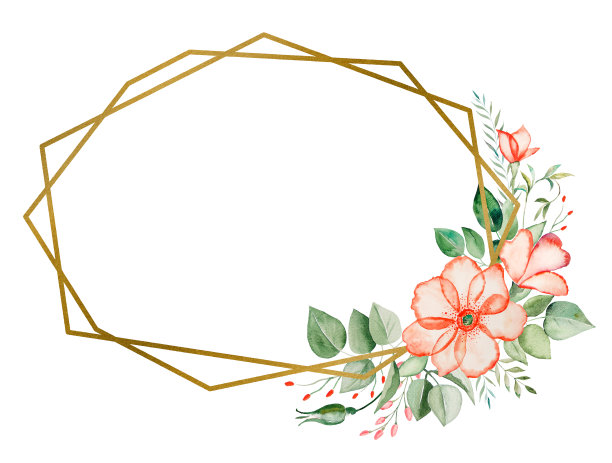 水彩粉红色的花和绿色的叶子框架插图图片下载