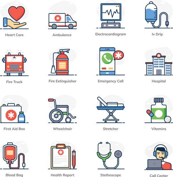 平面风格包中的紧急和医疗保健图标图片下载