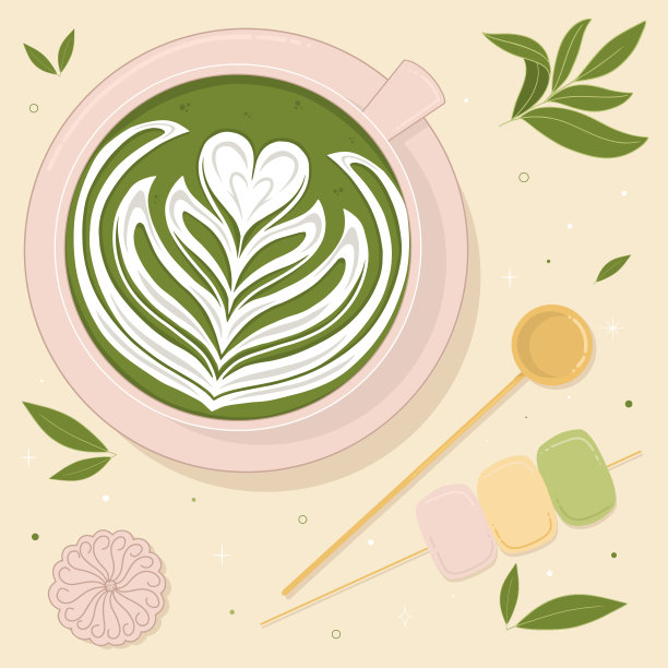 可爱的抹茶拿铁艺术矢量插图图片下载
