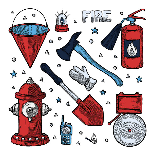 消防员工具矢量插图的消防复古元素集。救援设备孤立。专业和设备。灭火器，手套，铲子，水桶，斧头，消防栓，警报器，无线电图片下载