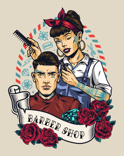 彩色复古理发店的标签图片下载