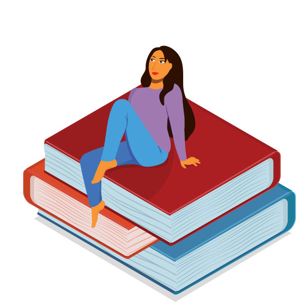一个年轻的黑发女人正坐在书上图片下载