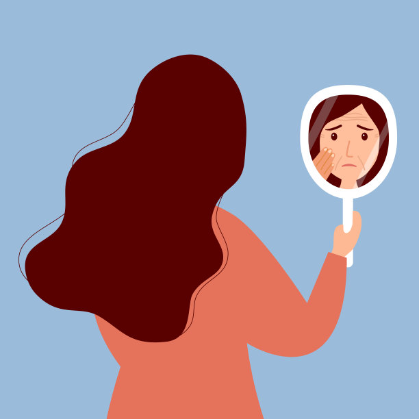 年轻女子手拿镜子，担心自己脸上的皱纹在平面设计。女性皮肤的皱纹老化问题。图片下载