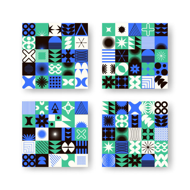 向量集与抽象的彩色极简拼接几何元素。当代的马赛克简单的各种形状，曲线，线条，之字形。海报打印模板，网页设计，纺织品，背景图片下载