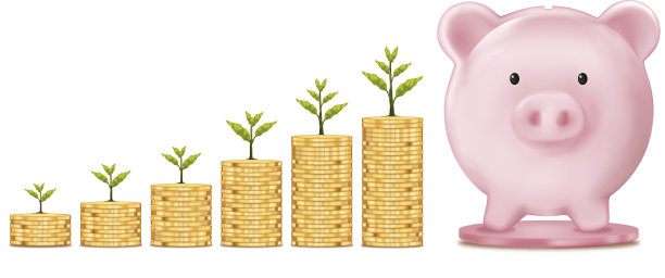 3d存钱罐和植物发光在堆叠硬币上图片下载