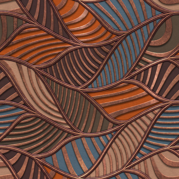 金属无缝纹理雕刻漩涡图案，青铜和铜色，面板，3D插图图片下载