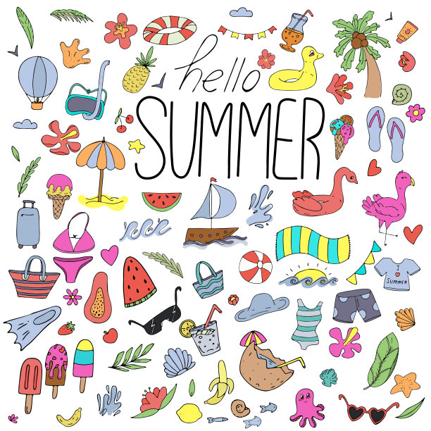 你好夏天，一套夏季项目-树，泳衣，充气圈，矢量设置彩色涂鸦元素图片下载