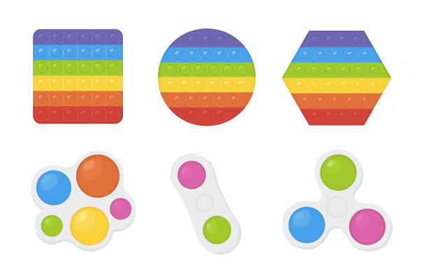 矢量集流行流行的流行它在彩虹的颜色和简单的酒窝手玩具。抗压力，放松玩具与推动泡沫的孩子。感官上的烦躁在方形和圆形图形。插图。图片下载