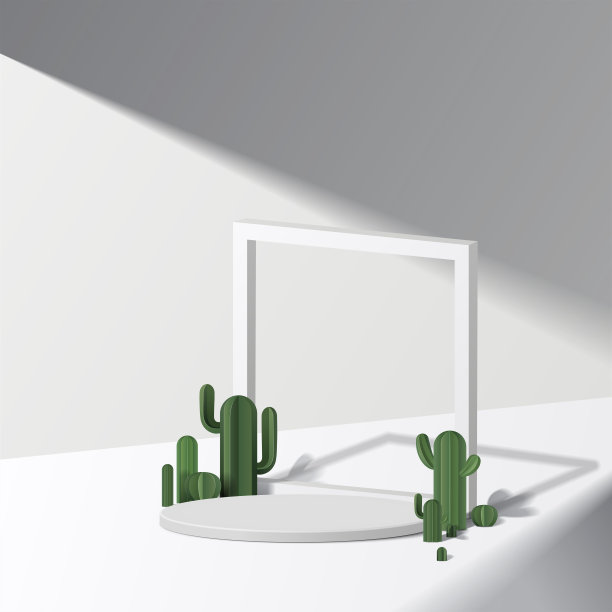 圆柱体白色讲台模拟沙漠背景仙人掌。图片下载