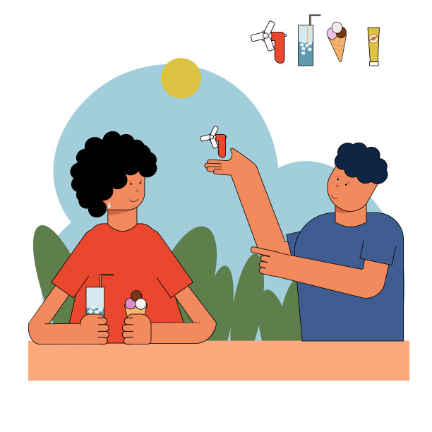 夏季平面概念矢量插图。女人和男人在炎热的天气二维卡通人物网页设计。女人喝水。这名男子建议使用可能有多种颜色的风扇，比如冰淇淋、防晒霜、鸡尾酒图片下载