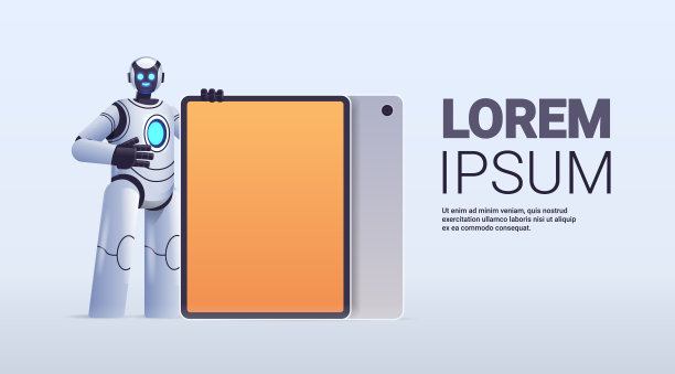 现代机器人半机械人站在平板电脑旁边，黑屏机器人人物人工智能技术图片下载