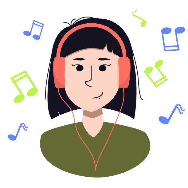 矢量插图的一个亚洲年轻女子的肖像听音乐耳机，孤立在一个白色的背景图片下载