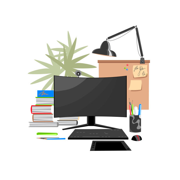 工作空间。桌面。用于工作和学习的电脑及配件。向量独立设置图片下载