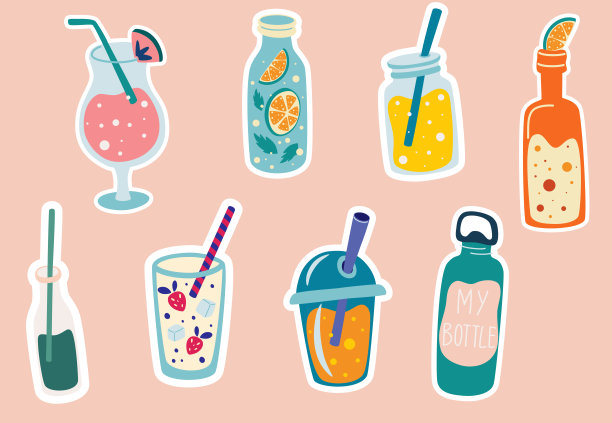夏季饮料贴纸。鸡尾酒、柠檬水、苏打水、装在可爱瓶子里的冰沙。热带元素。夏季标签，贴纸，图标，标志集。为卡片、海报或聚会设计。向量图片下载
