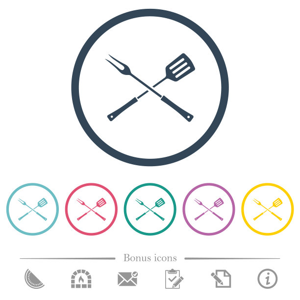 烧烤叉和抹刀在交叉的位置上，圆形轮廓上的平色图标图片下载