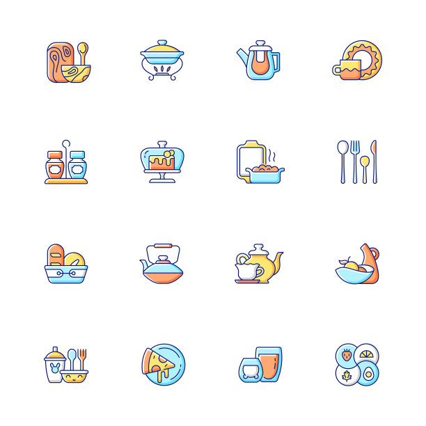 时尚的餐具RGB颜色图标集图片下载
