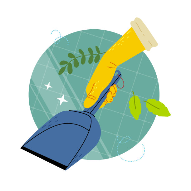 手拿黄色橡胶手套，拿着簸箕。清洁服务。平面向量插图。图片下载