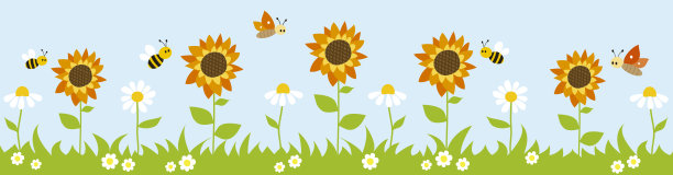 花园的全景背景与蜜蜂和蝴蝶。图片下载