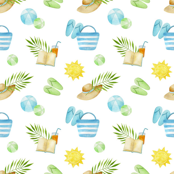水彩海滩度假无缝模式。热带海滨壁纸。夏季面料和包装纸设计。图片下载