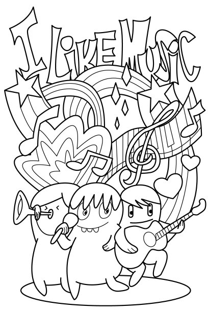 卡通怪物集合。我喜欢音乐套装的卡通黑白怪物组图片下载