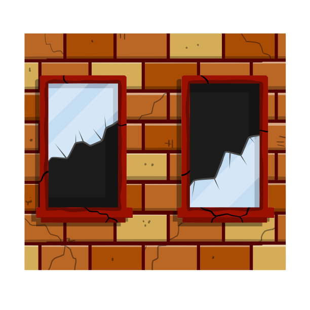 破碎的玻璃。受损的镜子。木片和锋利的部分放在棕色框架里。砖墙和破坏公物。破坏和毁灭。卡通平面插图图片下载